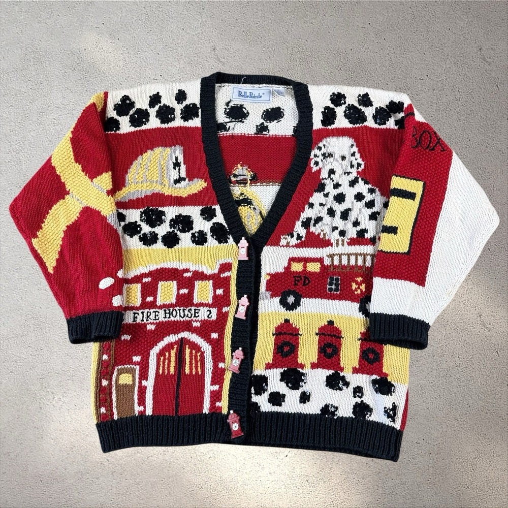 Vintage BellePointe Firehouse Firefighters Dalmatian Dog Cardigan Large Sweater